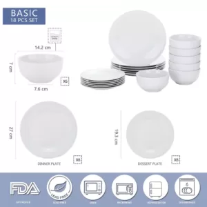 Boyel Living 18- Piece Modern White Porcelain Dinnerware Sets (Service for Set for 6)