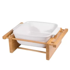 Creative Home Stoneware 9 in. x 9 in. Square Baking Pan Casserole Baking Dish with Bamboo Cradle for Cooking Cake Dinner Banquet