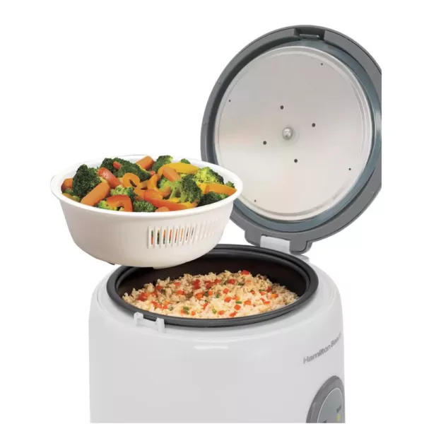 Hamilton Beach 8-Cup White Rice Cooker and Warmer with Non-Stick Cooking Pot, Rice Paddle and Measuring Cup