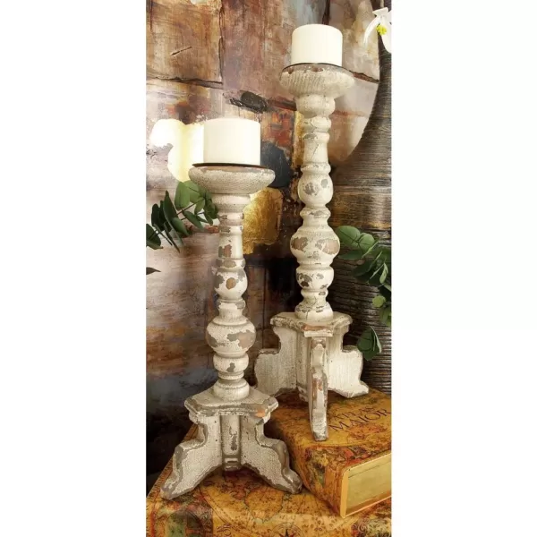 LITTON LANE White Wood and Iron 4-Footed Candle Holder (Set of 2)