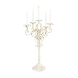 LITTON LANE Tall Vintage White Metal Candelabra with Scrolled Arms