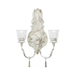 LITTON LANE Distressed White 2-Light Candle Sconce