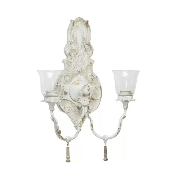 LITTON LANE Distressed White 2-Light Candle Sconce