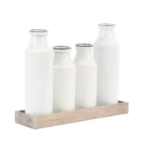 LITTON LANE Brown Decorative Tray with 4-Distressed White Milk Bottles