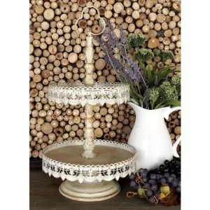 LITTON LANE 24 in. 2-Tiered Round Whitewashed and Rust Brown Iron Tray Stand with Cutout Bunting Overhang