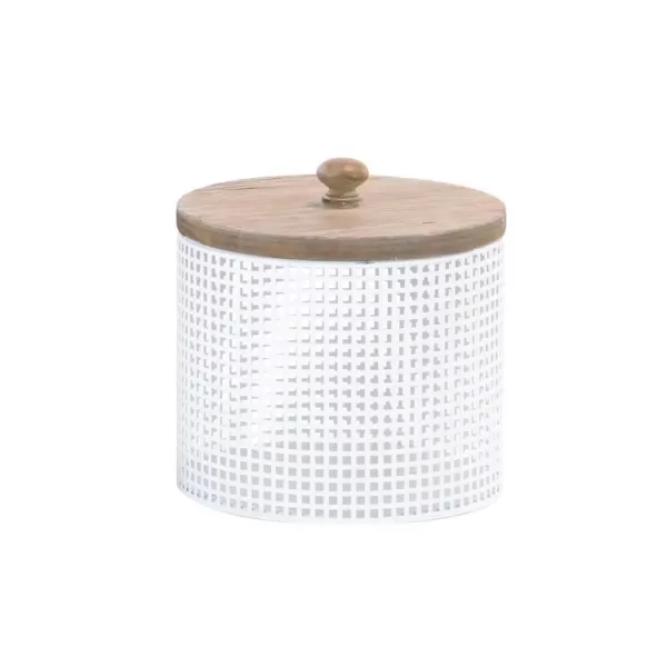 LITTON LANE White Iron Mesh Round Canisters with Wooden Lid (Set of 2)