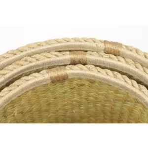 LITTON LANE Round Palm Leaf and Rope Storage Wicker Baskets with Handles (Set of 3)