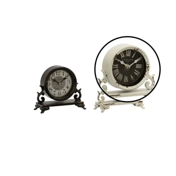 LITTON LANE 7 in. x 7 in. Iron Black and Vintage White Round Table Clocks on Rectangular Scrollwork-Designed Base (Set of 2)