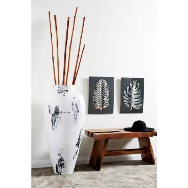 LITTON LANE Black and White Stoneware Floor Decorative Vase with Textured Brushstroke Detail