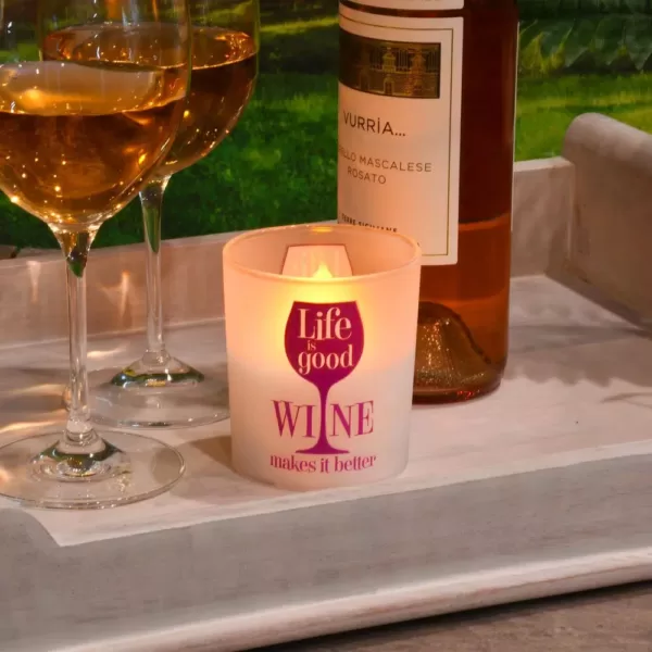 LUMABASE Battery Operated Wax Filled Glass LED Candles - Life is Good, Wine Makes it Better (Set of 2)