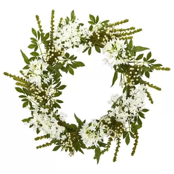 Nearly Natural 24 in. Indoor White Mixed Floral Artificial Wreath