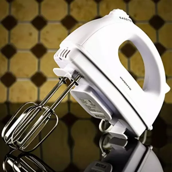 Ovente 5-Speed 150-Watt White Hand Mixer Stainless Steel Chrome Beaters and Free Snap-On Case