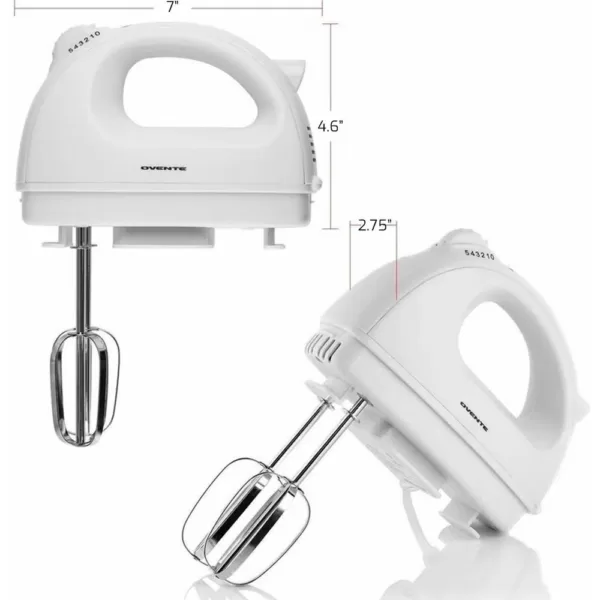 Ovente 5-Speed 150-Watt White Hand Mixer Stainless Steel Chrome Beaters and Free Snap-On Case