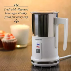 Ovente 8.1 oz. White Stainless Steel Electric Milk Frother 3 in 1-Warming, Heating and Frothing, See-Through Lid Plus Whisks