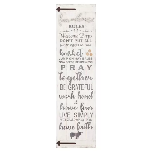 Pinnacle 13 in. x 47 in. Barn Door Wall Farmhouse Rules Rustic White Wood Plank Decorative Sign