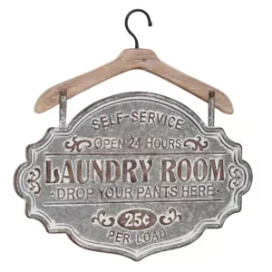 LITTON LANE Farmhouse Whitewashed Wood and Silver Metal Laundry Room Decorative Sign