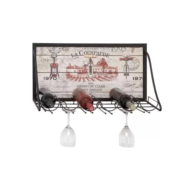 LITTON LANE Wood and Iron 6-Bottle Wall Mounted Wine Rack with Stemware Holder