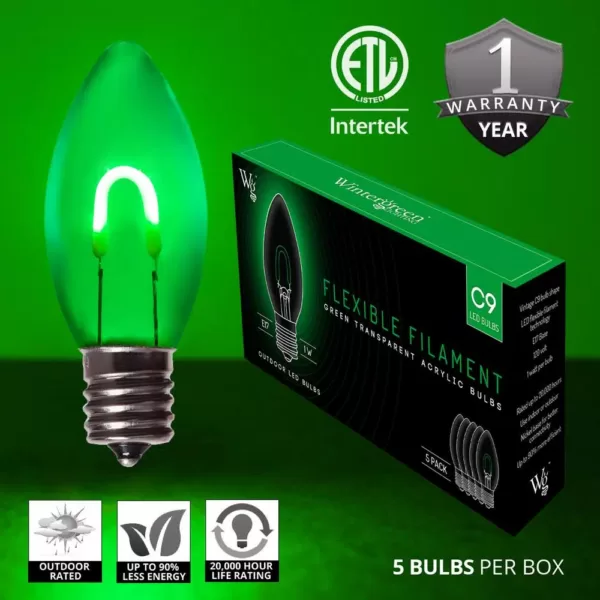 Wintergreen Lighting FlexFilament C9 LED Shatterproof Green Vintage Edison Christmas Light Bulbs (5-Pack)