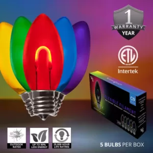 Wintergreen Lighting FlexFilament C9 LED Shatterproof Multi-Color Vintage Edison Christmas Light Bulbs (5-Pack)