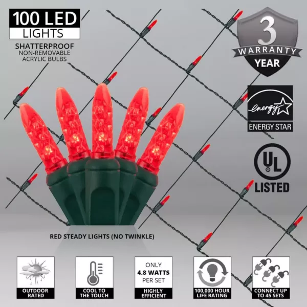 Wintergreen Lighting 48 in. x 72 in. 100-Light M5 LED Red Net Light Set