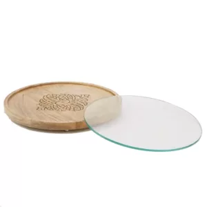 Mind Reader Brown Bamboo Serving Tray Round Cheese Platter Decorative Display Tray with Glass Top