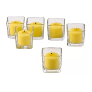 Light In The Dark Clear Glass Square Votive Candle Holders with Yellow Votive Candles (Set of 12)